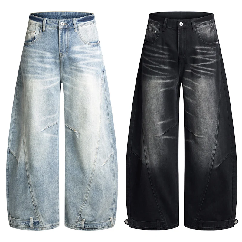 Herren Weitfallende Denim-Palazzo‑Hose mit skulpturalen Nahtpaneelen und bodenlangem Saum Drune