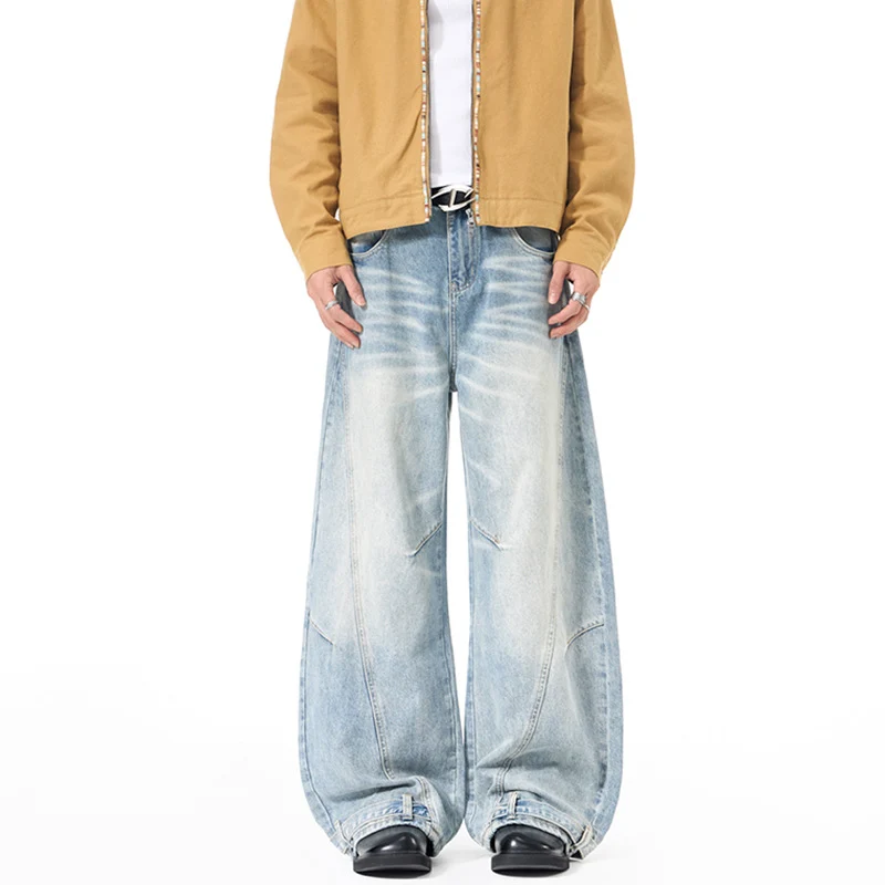 Herren Weitfallende Denim-Palazzo‑Hose mit skulpturalen Nahtpaneelen und bodenlangem Saum Drune