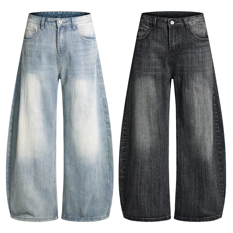 Herren Weite Vintage-inspirierte Denim‑Palazzohose mit verlängerter Saumlage und soften Bleach‑Effekten Drune