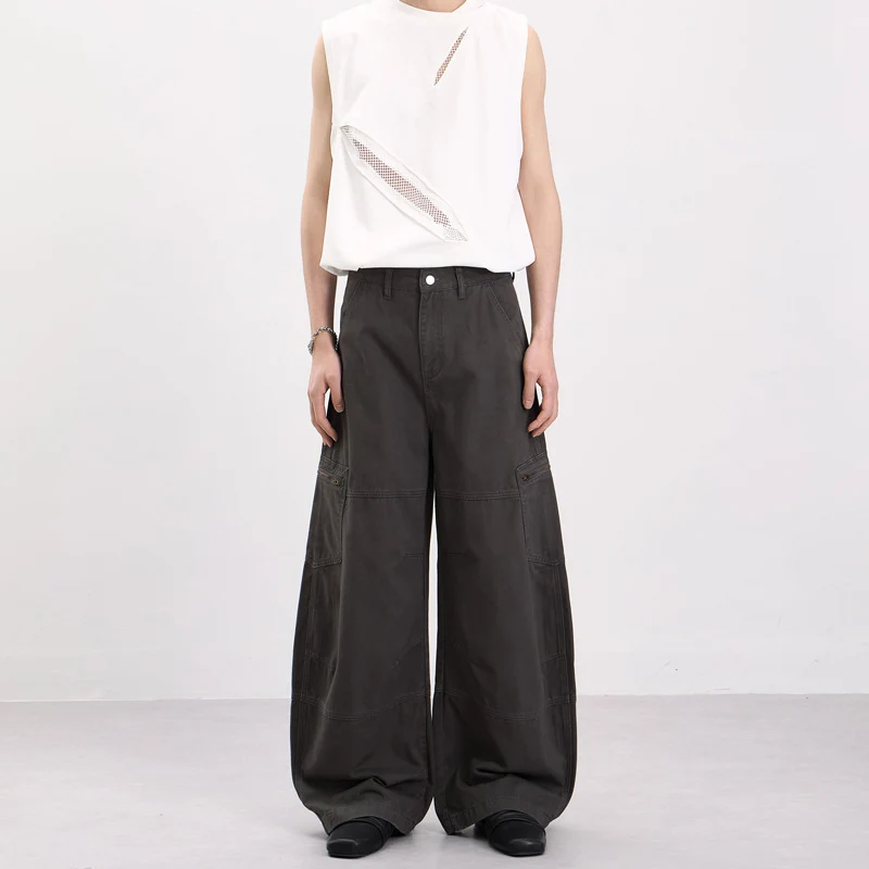 Herren Weite Twill-Palazzo-Cargohose mit tiefem Schritt, Knieabnähern und Utility-Taschen Drune