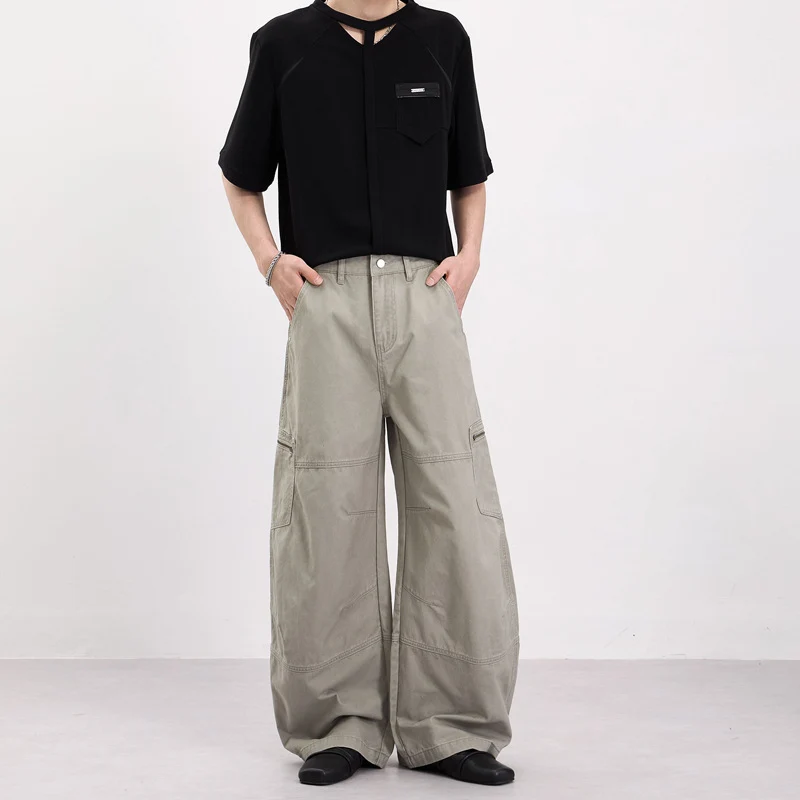 Herren Weite Twill-Palazzo-Cargohose mit tiefem Schritt, Knieabnähern und Utility-Taschen Drune