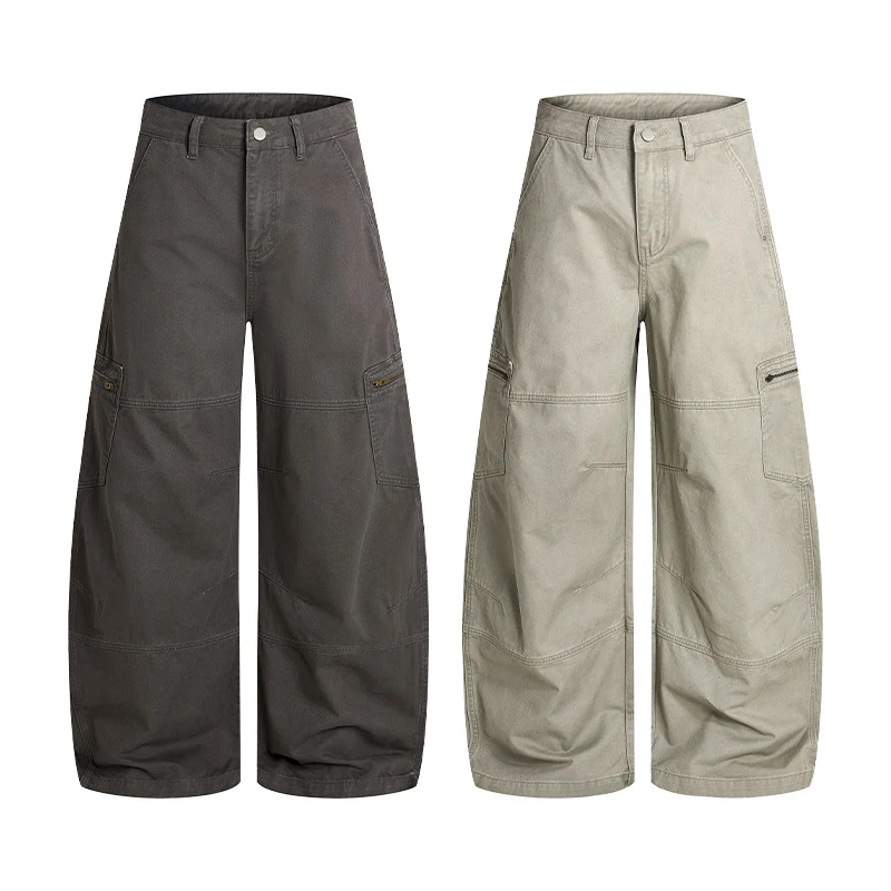 Herren Weite Twill-Palazzo-Cargohose mit tiefem Schritt, Knieabnähern und Utility-Taschen Drune