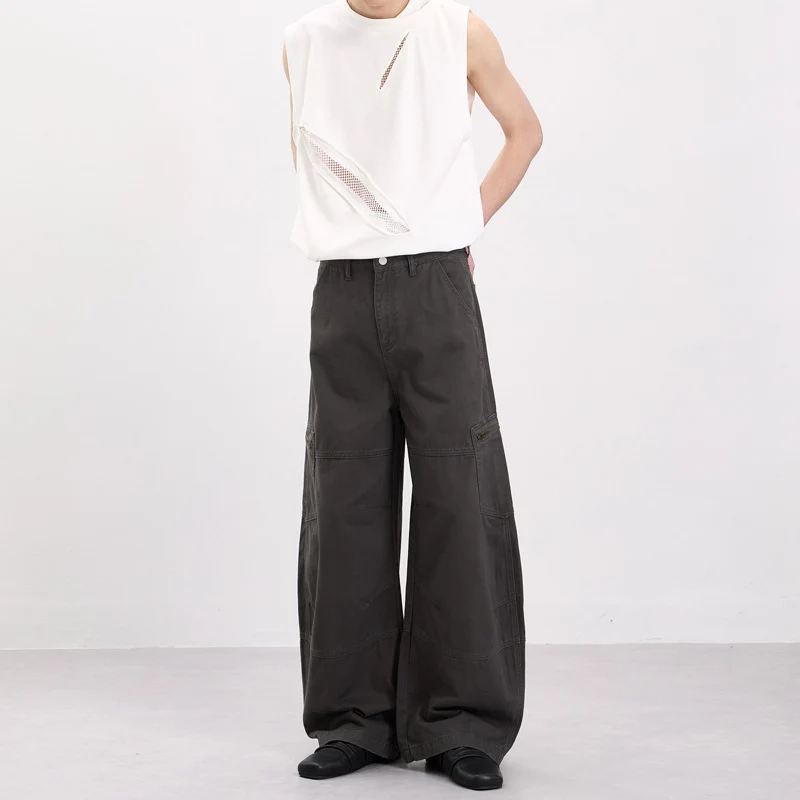 Herren Weite Twill-Palazzo-Cargohose mit tiefem Schritt, Knieabnähern und Utility-Taschen Drune