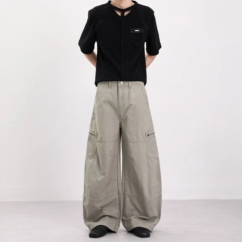 Herren Weite Twill-Palazzo-Cargohose mit tiefem Schritt, Knieabnähern und Utility-Taschen Drune