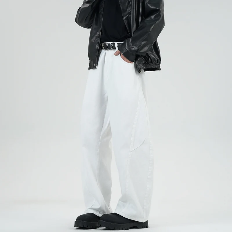 Herren Weite Stonewashed-Paneel-Denimhose mit tiefem Schritt und markanten Ziernähten Drune