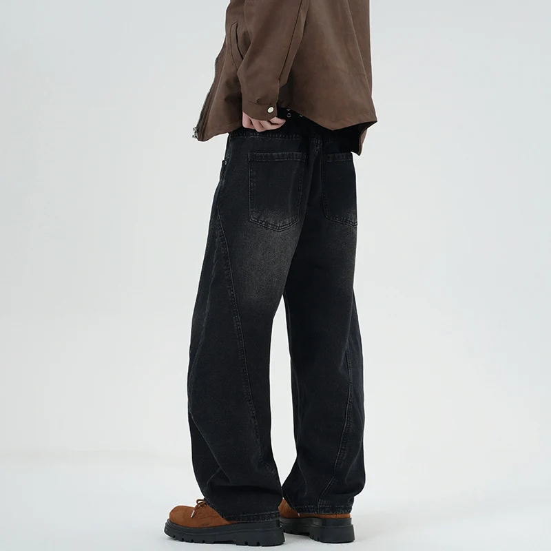 Herren Weite Stonewashed-Paneel-Denimhose mit tiefem Schritt und markanten Ziernähten Drune