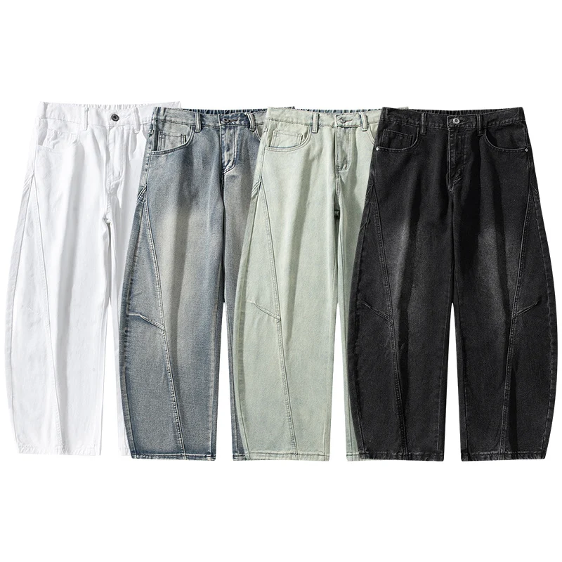 Herren Weite Stonewashed-Paneel-Denimhose mit tiefem Schritt und markanten Ziernähten Drune