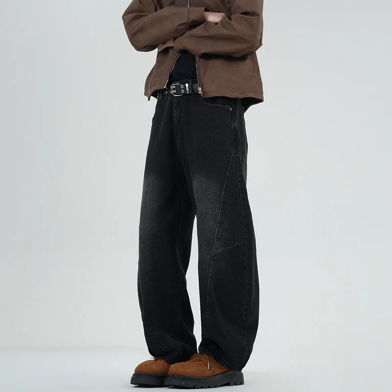 Herren Weite Stonewashed-Paneel-Denimhose mit tiefem Schritt und markanten Ziernähten Drune