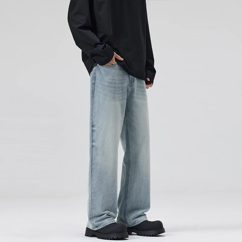 Herren Weite Stonewashed Denim-Jeans mit geradem Ultraweitem Bein Drune