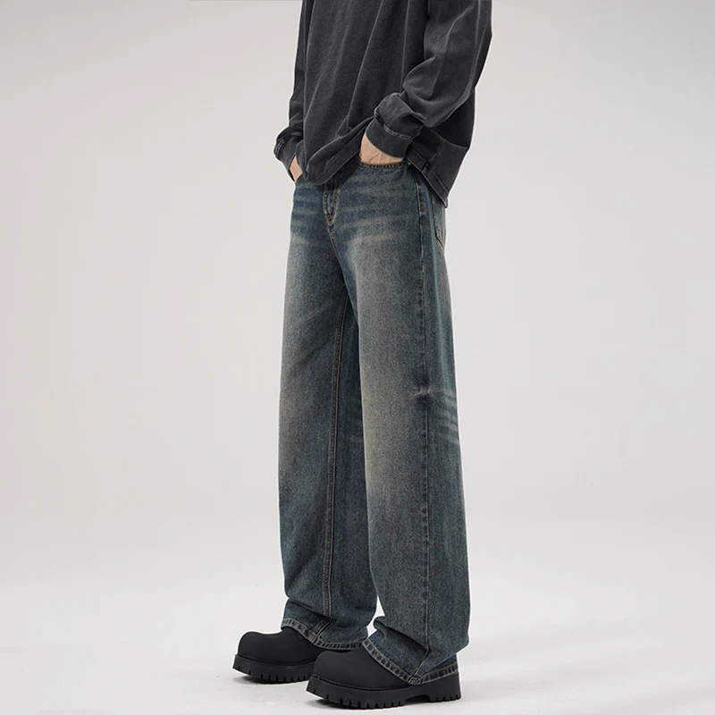 Herren Weite Stonewashed Denim-Jeans mit geradem Ultraweitem Bein Drune