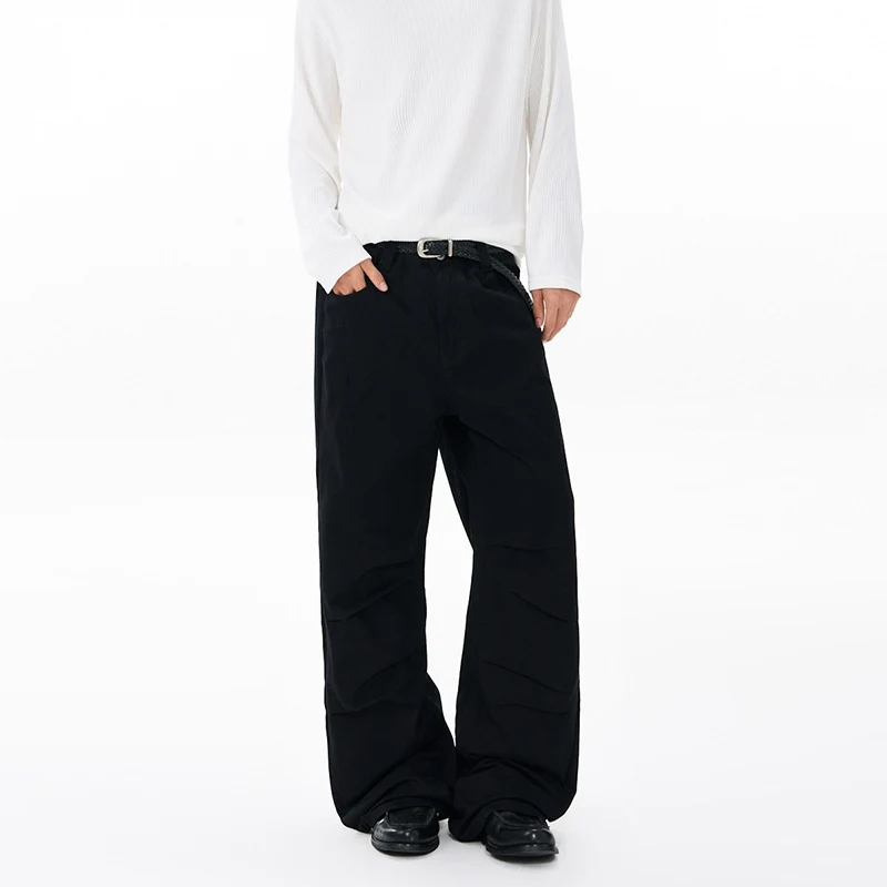 Herren Weite Relaxed-Twill-Hose mit tiefem Schritt, bodenlanger Silhouette und Gürtelschlaufen Drune
