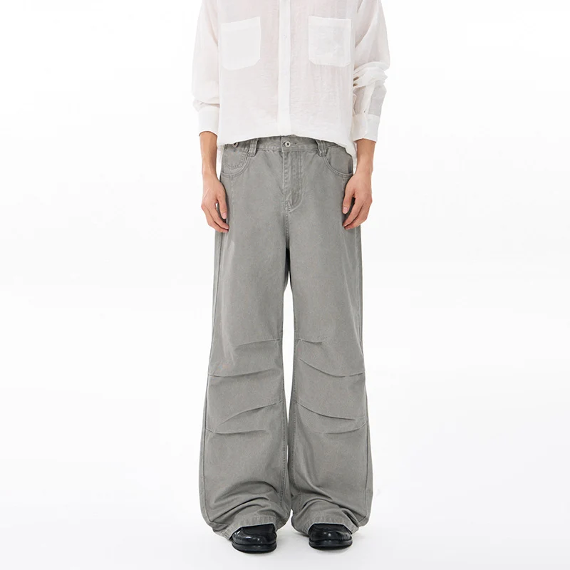 Herren Weite Relaxed-Twill-Hose mit tiefem Schritt, bodenlanger Silhouette und Gürtelschlaufen Drune