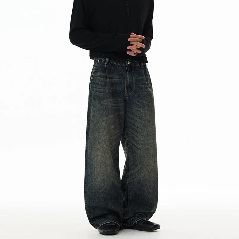 Herren Ultraweite Bodenlange Denim-Palazzohose im Marlene-Baggy-Stil mit tiefem Schritt Drune