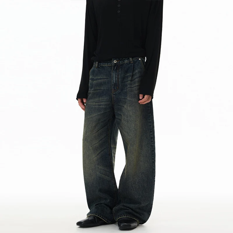 Herren Ultraweite Bodenlange Denim-Palazzohose im Marlene-Baggy-Stil mit tiefem Schritt Drune