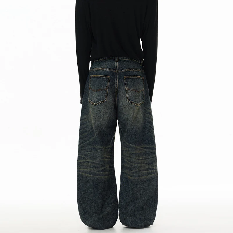 Herren Ultraweite Bodenlange Denim-Palazzohose im Marlene-Baggy-Stil mit tiefem Schritt Drune