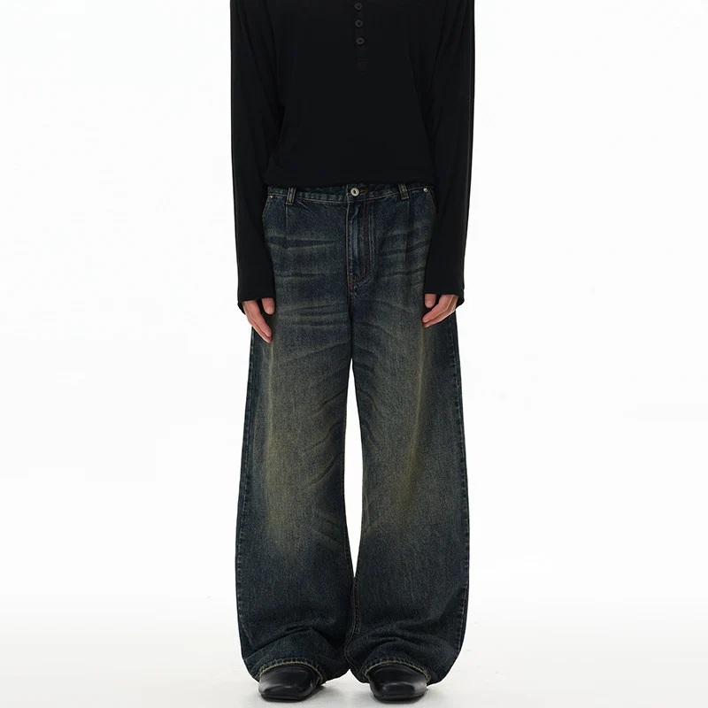 Herren Ultraweite Bodenlange Denim-Palazzohose im Marlene-Baggy-Stil mit tiefem Schritt Drune
