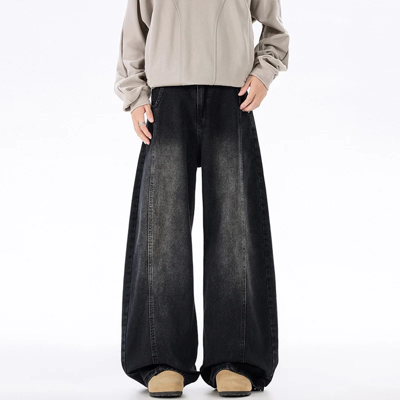 Herren Ultraweit geschnittene Denim-Hose im Palazzo-Stil mit tiefem Schritt Drune