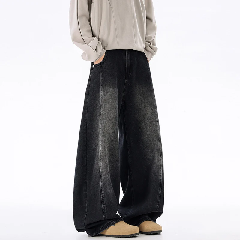 Herren Ultraweit geschnittene Denim-Hose im Palazzo-Stil mit tiefem Schritt Drune