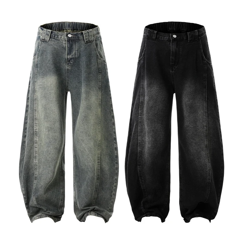 Herren Ultraweit geschnittene Denim-Hose im Palazzo-Stil mit tiefem Schritt Drune