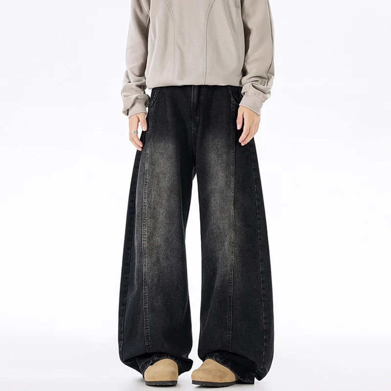 Herren Ultraweit geschnittene Denim-Hose im Palazzo-Stil mit tiefem Schritt Drune