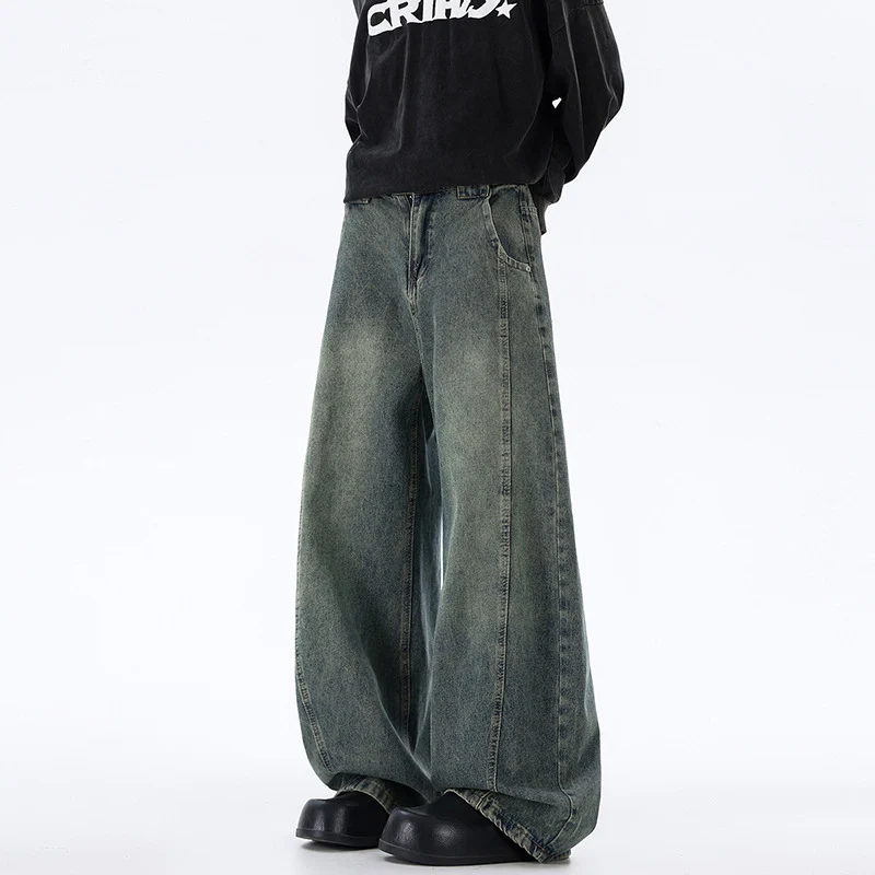 Herren Ultraweit geschnittene Denim-Hose im Palazzo-Stil mit tiefem Schritt Drune
