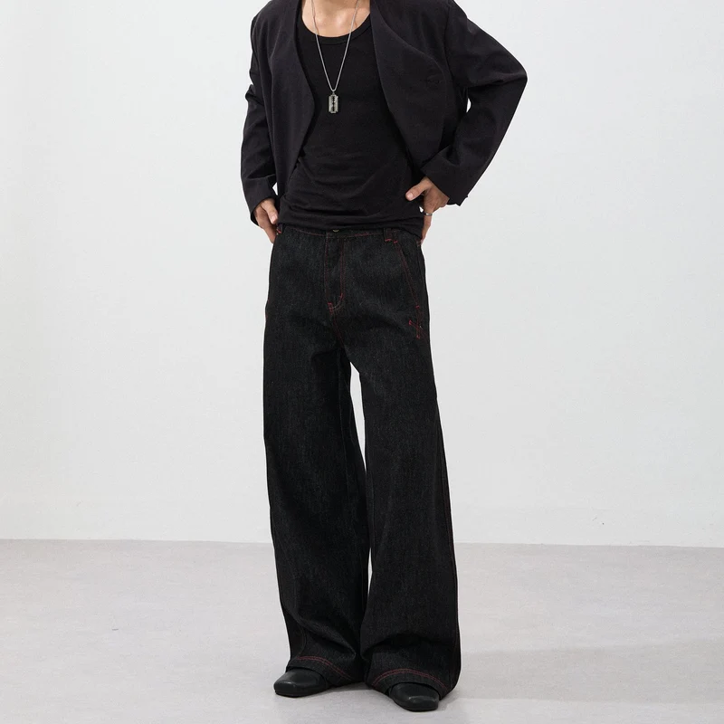 Herren Ultrabreite Raw-Denim Marlene-Hose mit Kontrastnähten Drune
