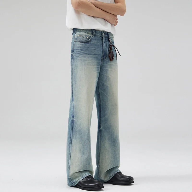 Herren Tiefsitzende Fließende Denim‑Schlaghose mit verlängertem Saum und Used‑Finish Drune
