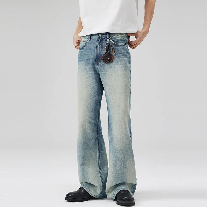 Herren Tiefsitzende Fließende Denim‑Schlaghose mit verlängertem Saum und Used‑Finish Drune