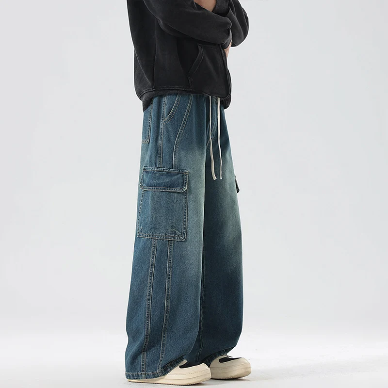 Herren Stonewashed-Denim Cargopalazzo mit extra weitem Bein und sichtbaren Ziernähten Drune