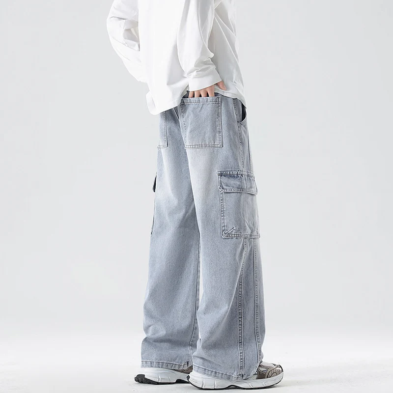 Herren Stonewashed-Denim Cargopalazzo mit extra weitem Bein und sichtbaren Ziernähten Drune