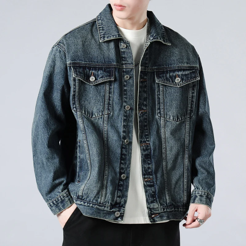 Herren Oversized Jeansjacke mit Metallknopfleiste und Brusttaschen Drune