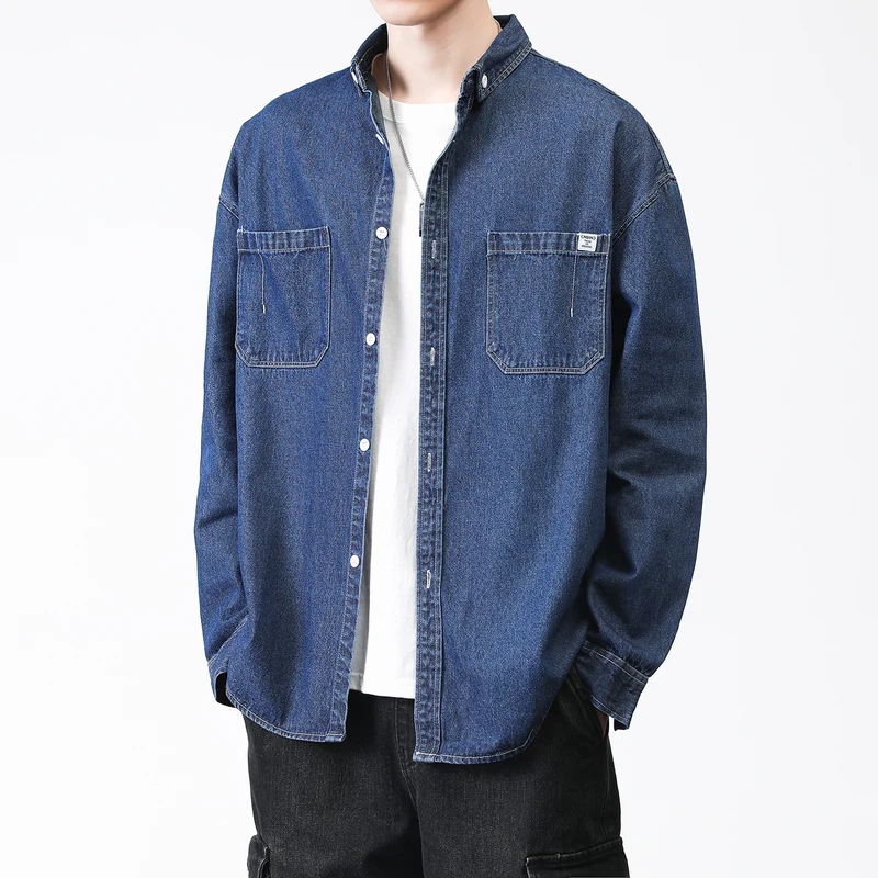 Herren Oversized Denim-Hemdjacke mit Brusttaschen und Button-Down-Kragen Drune