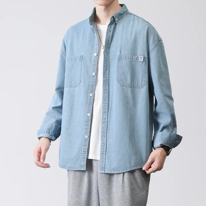 Herren Oversized Denim-Hemdjacke mit Brusttaschen und Button-Down-Kragen Drune