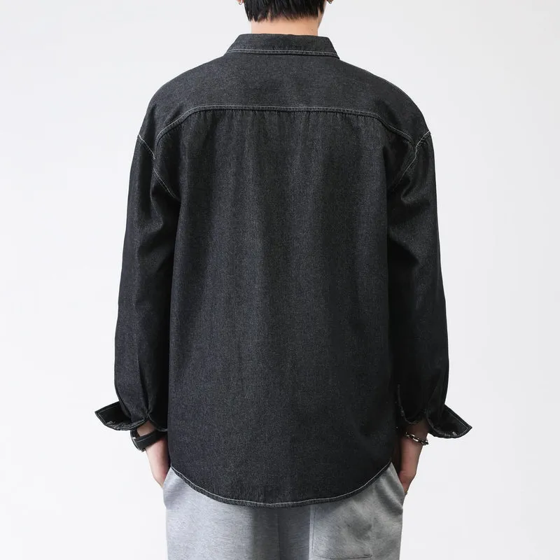 Herren Oversized Denim-Hemdjacke mit Brusttaschen und Button-Down-Kragen Drune