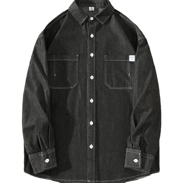 Herren Oversized Denim-Hemdjacke mit Brusttaschen und Button-Down-Kragen Drune