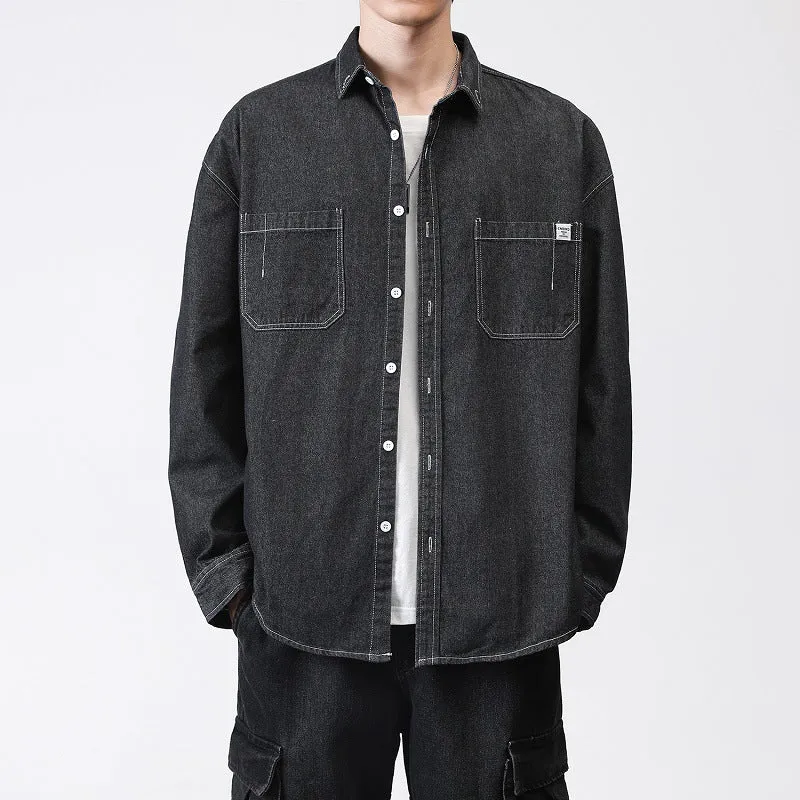 Herren Oversized Denim-Hemdjacke mit Brusttaschen und Button-Down-Kragen Drune