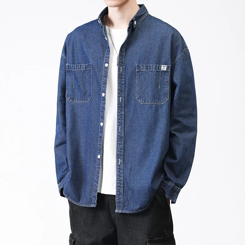 Herren Oversized Denim-Hemdjacke mit Brusttaschen und Button-Down-Kragen Drune