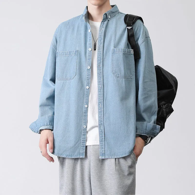 Herren Oversized Denim-Hemdjacke mit Brusttaschen und Button-Down-Kragen Drune