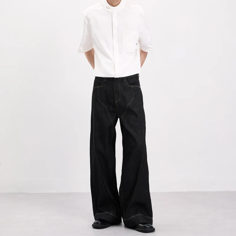 Herren Oversize-Denim-Palazzohose mit skulpturalen Paneelnähten und tiefem Schritt Drune