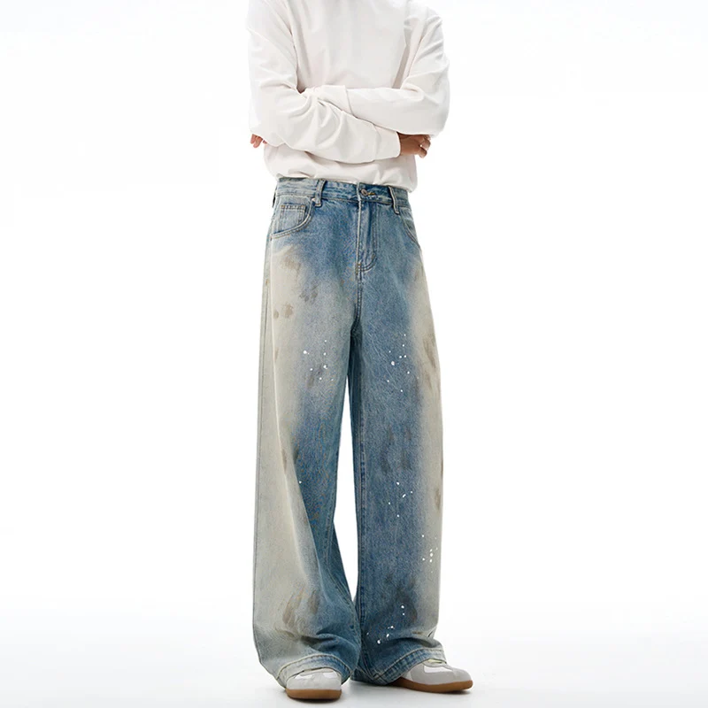 Herren Oversize-Baggy-Denim-Jeans mit künstlerischem Farb-Splatter und weitem Saum Drune