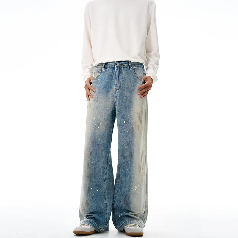 Herren Oversize-Baggy-Denim-Jeans mit künstlerischem Farb-Splatter und weitem Saum Drune