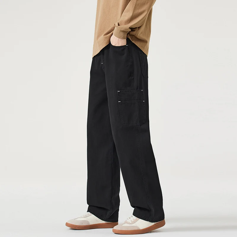 Herren Lockerweite Twill-Cargohose mit aufgesetzten Seitentaschen und geradem Bein Drune