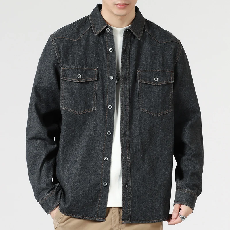 Herren Lockeres Denim-Overshirt mit aufgesetzten Brusttaschen und durchgehender Knopfleiste Drune