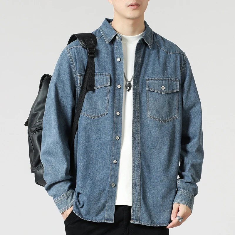 Herren Lockeres Denim-Overshirt mit aufgesetzten Brusttaschen und durchgehender Knopfleiste Drune
