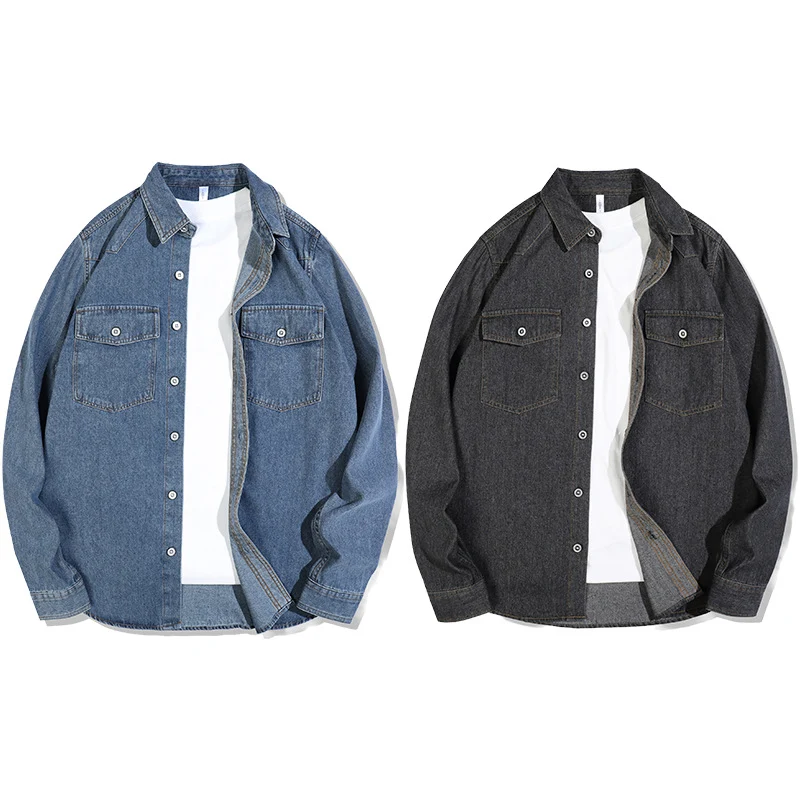 Herren Lockeres Denim-Overshirt mit aufgesetzten Brusttaschen und durchgehender Knopfleiste Drune