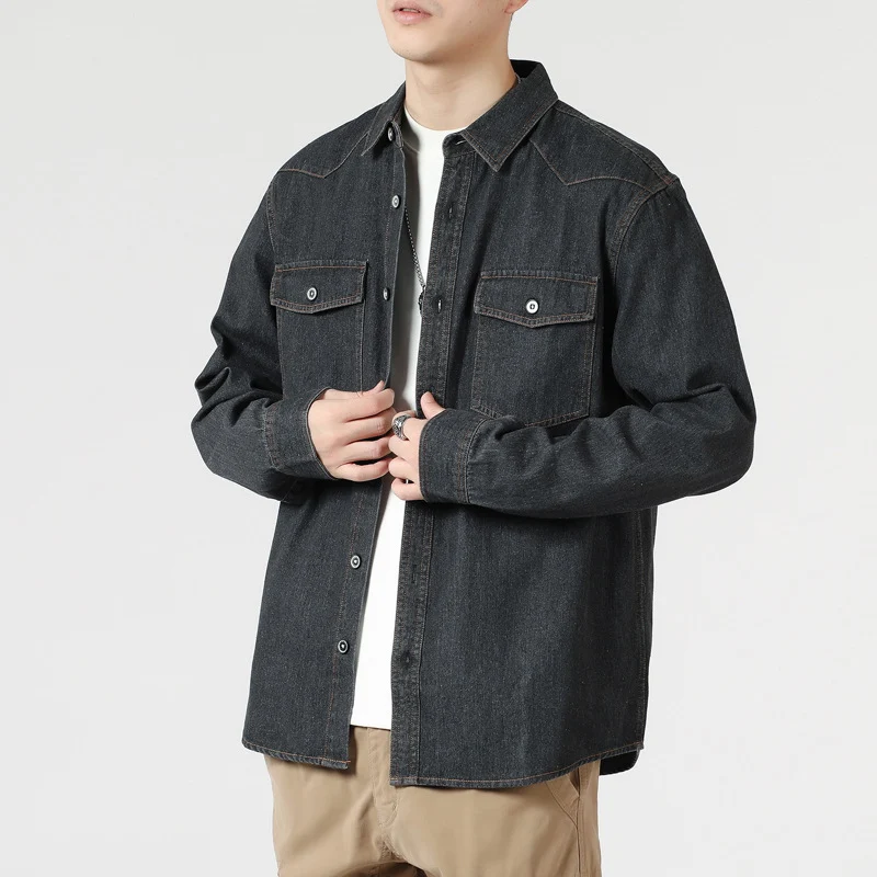 Herren Lockeres Denim-Overshirt mit aufgesetzten Brusttaschen und durchgehender Knopfleiste Drune