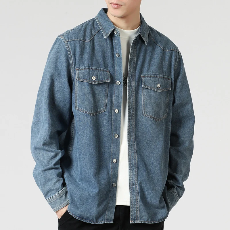 Herren Lockeres Denim-Overshirt mit aufgesetzten Brusttaschen und durchgehender Knopfleiste Drune