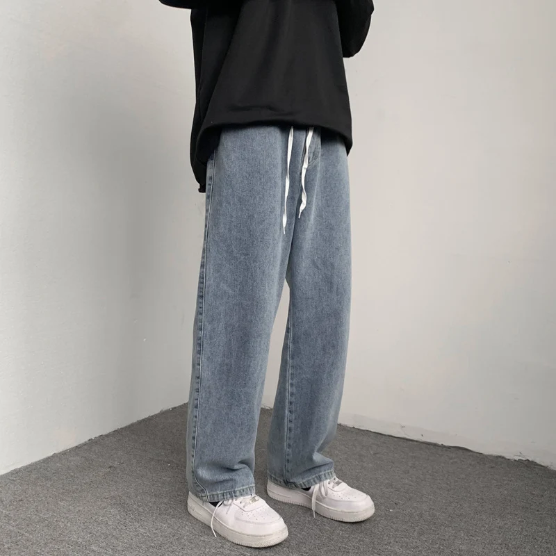 Herren Locker-sitzende Denim-Hose mit elastischem Tunnelzugbund und weitem Bein Drune