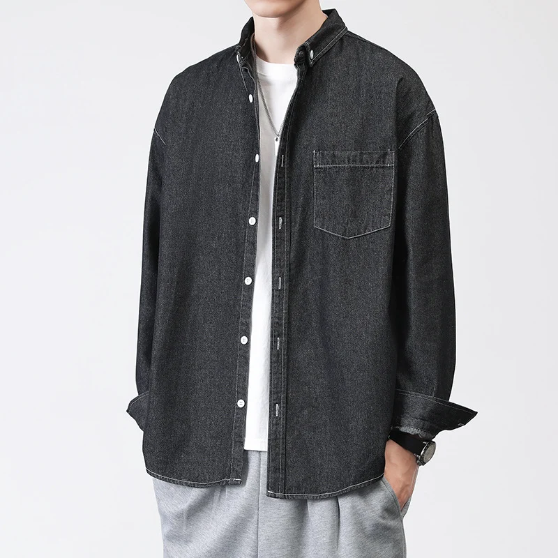 Herren Leichtes Baumwoll-Denim-Hemd mit Brusttasche und Relaxed-Fit Drune