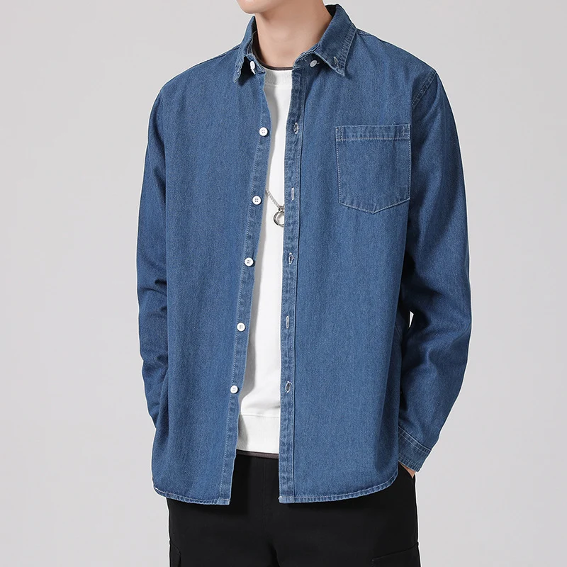 Herren Leichtes Baumwoll-Denim-Hemd mit Brusttasche und Relaxed-Fit Drune